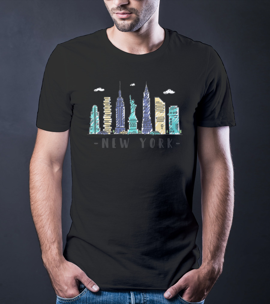 New York Skyline NYC Watercolor Landmarks Statue Of Liberty T-Shirt