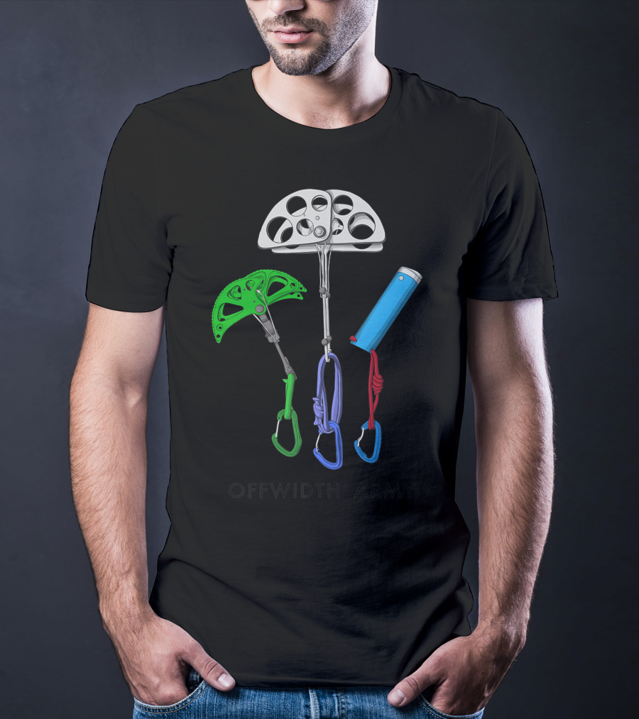 Offwidth Army Rock Climbing Gear Camming Devices And Nuts T-Shirt