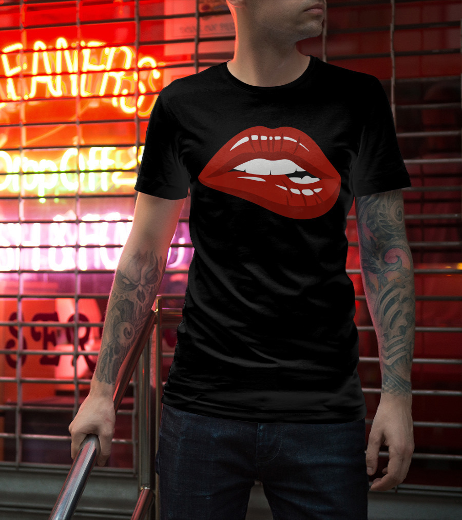 Red Lips Biting Lipstick Makeup Iconic Red Pout T-Shirt