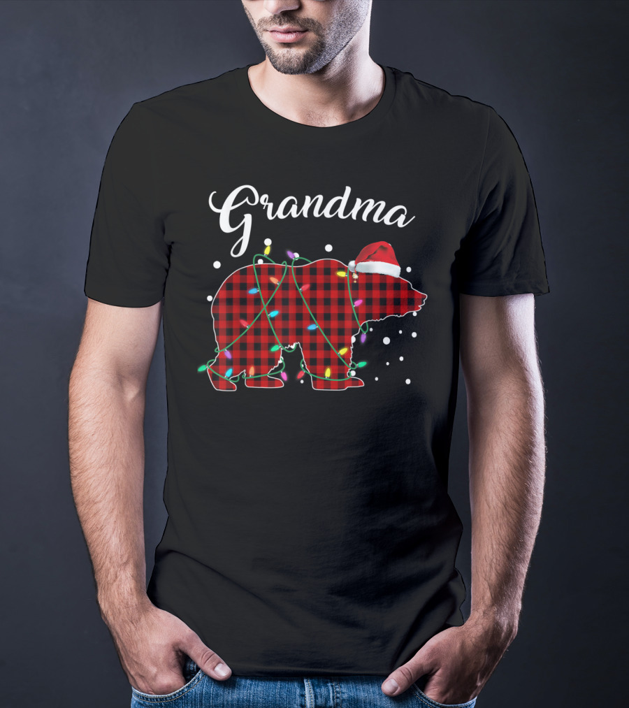 Grandma Bear Red Plaid Buffalo Christmas Lights T-Shirt