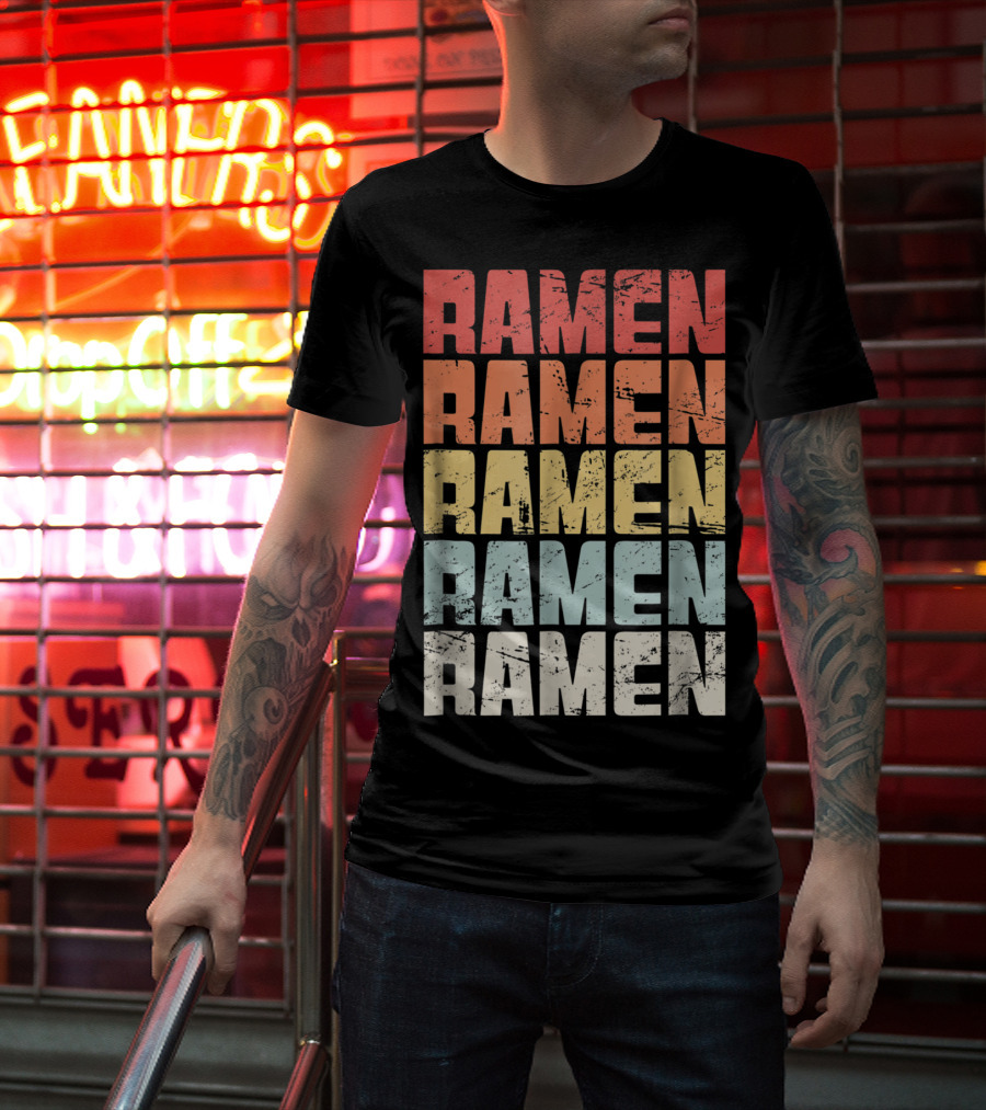 Retro Distressed Multicolor Ramen Repeated Text T-Shirt