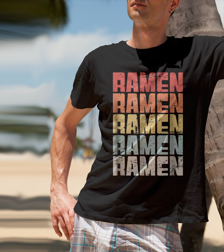 Retro Distressed Multicolor Ramen Repeated Text T-Shirt