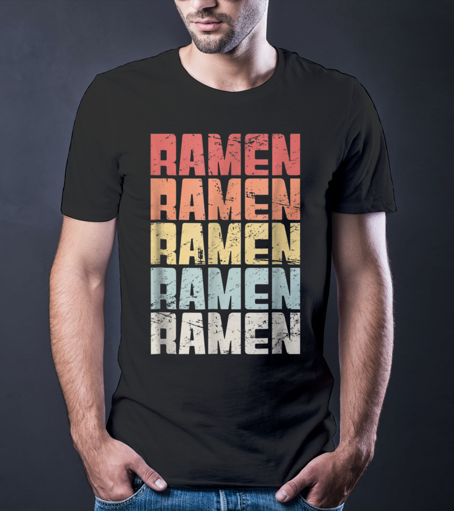 Retro Distressed Multicolor Ramen Repeated Text T-Shirt
