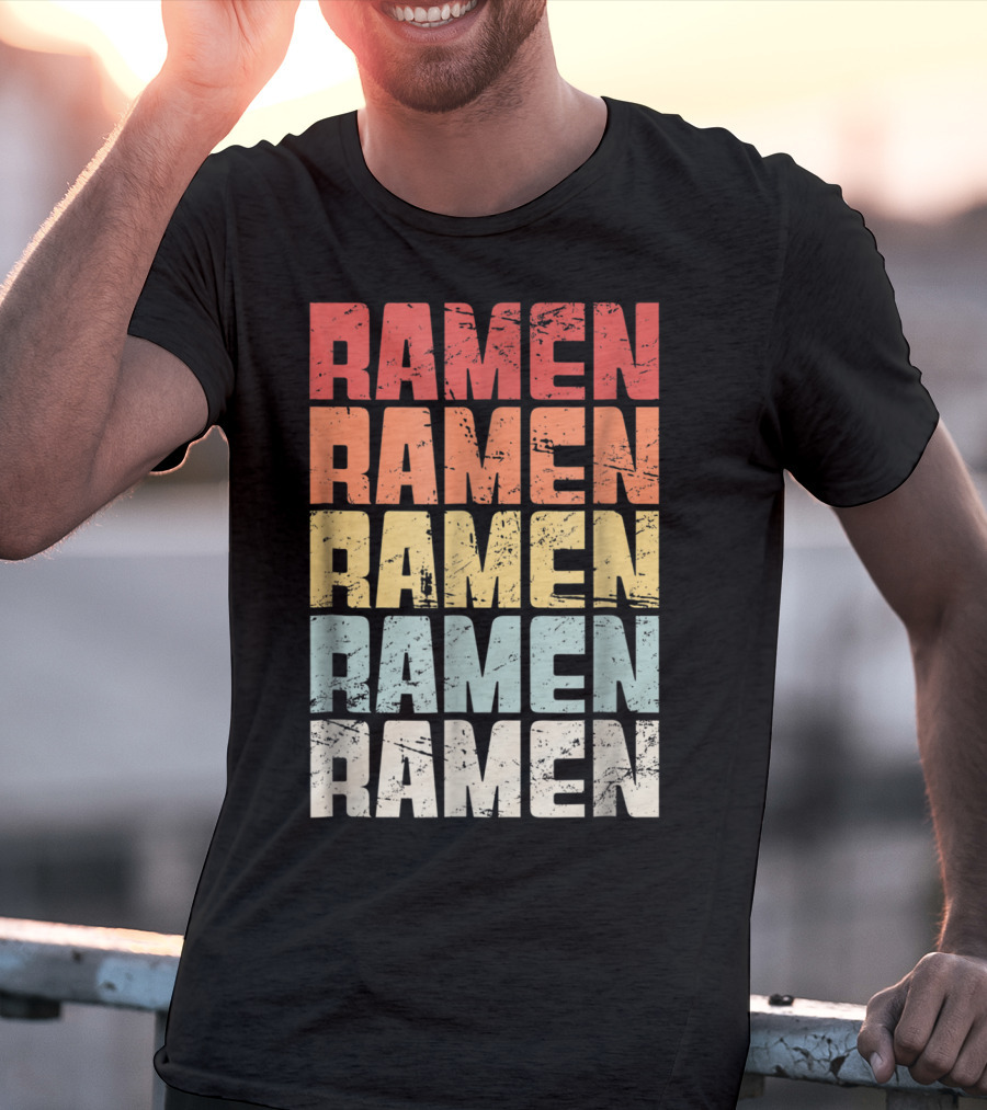Retro Distressed Multicolor Ramen Repeated Text T-Shirt