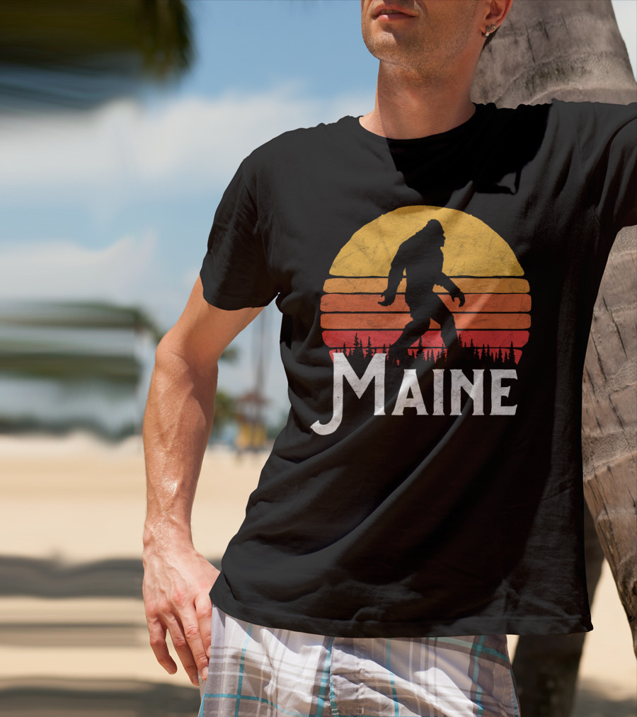 Maine Bigfoot Silhouette Retro Sun Believe T-Shirt
