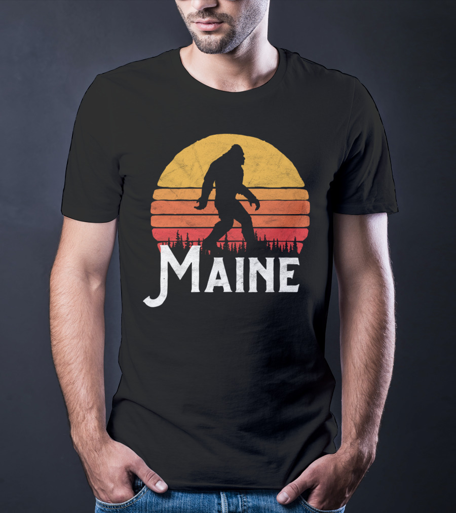 Maine Bigfoot Silhouette Retro Sun Believe T-Shirt