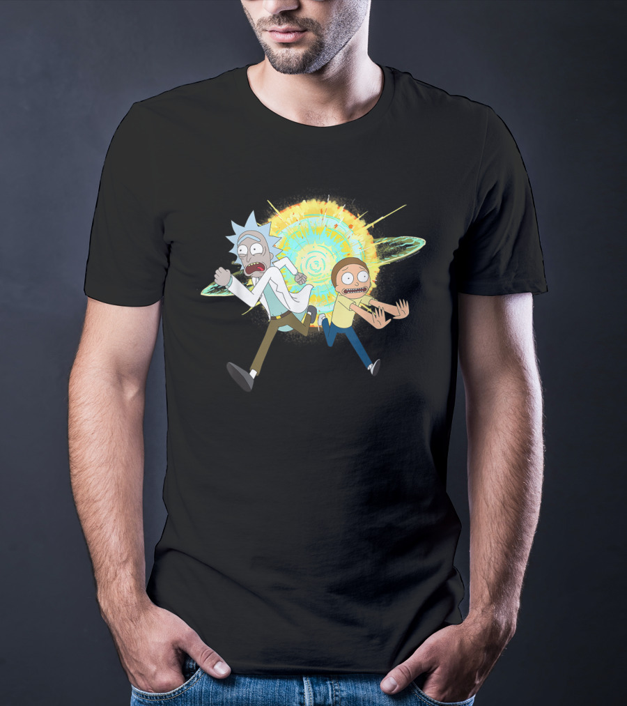 Rick And Morty Running From A Portal Explosion T-Shirt