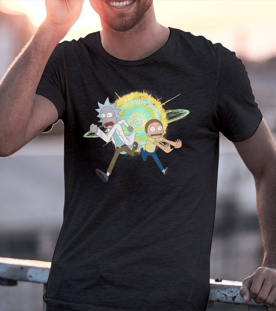 Rick And Morty Running From A Portal Explosion T-Shirt
