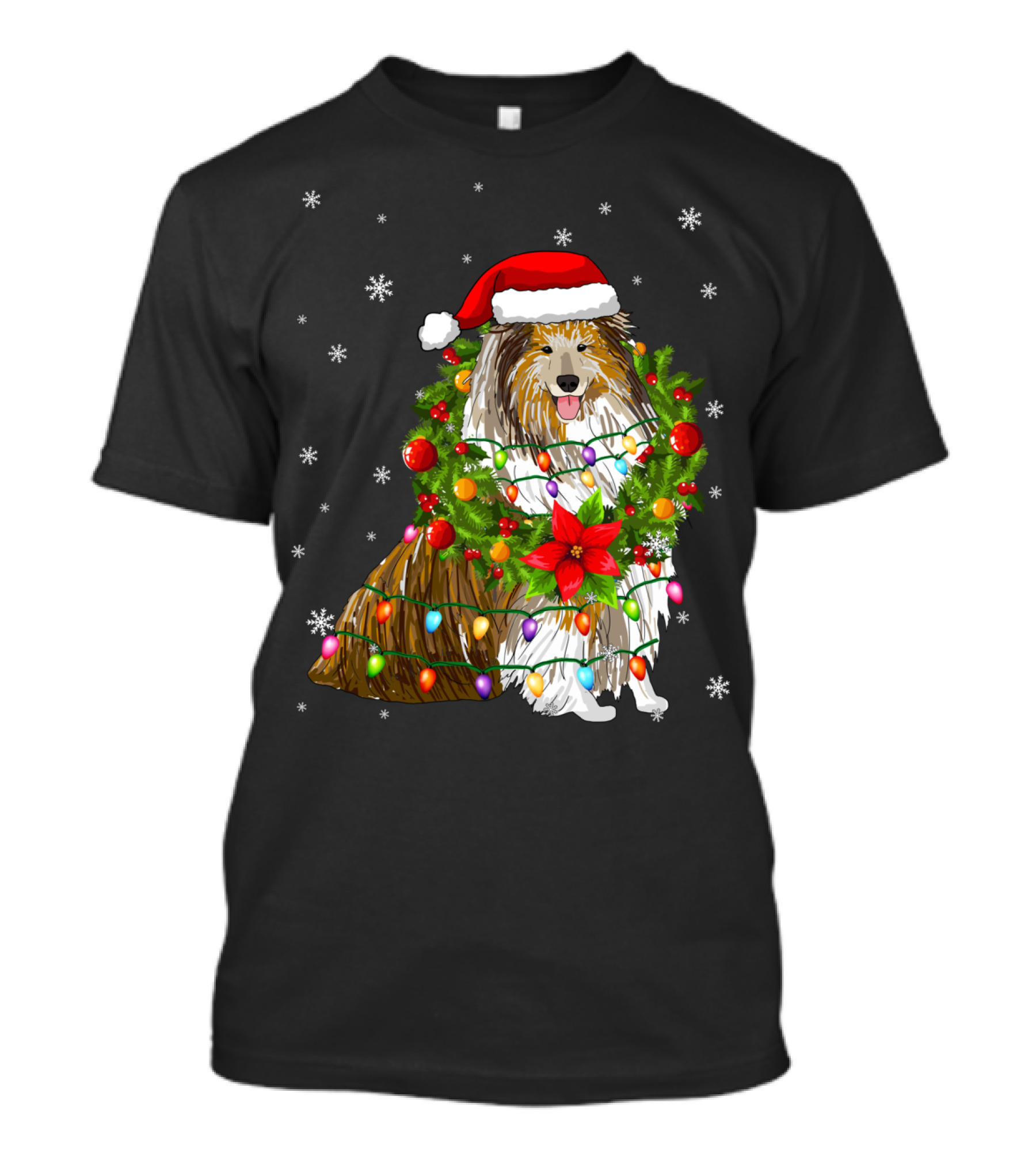 Santa Collie Dog Wrapped In Christmas Lights And Festive Garland T-Shirt
