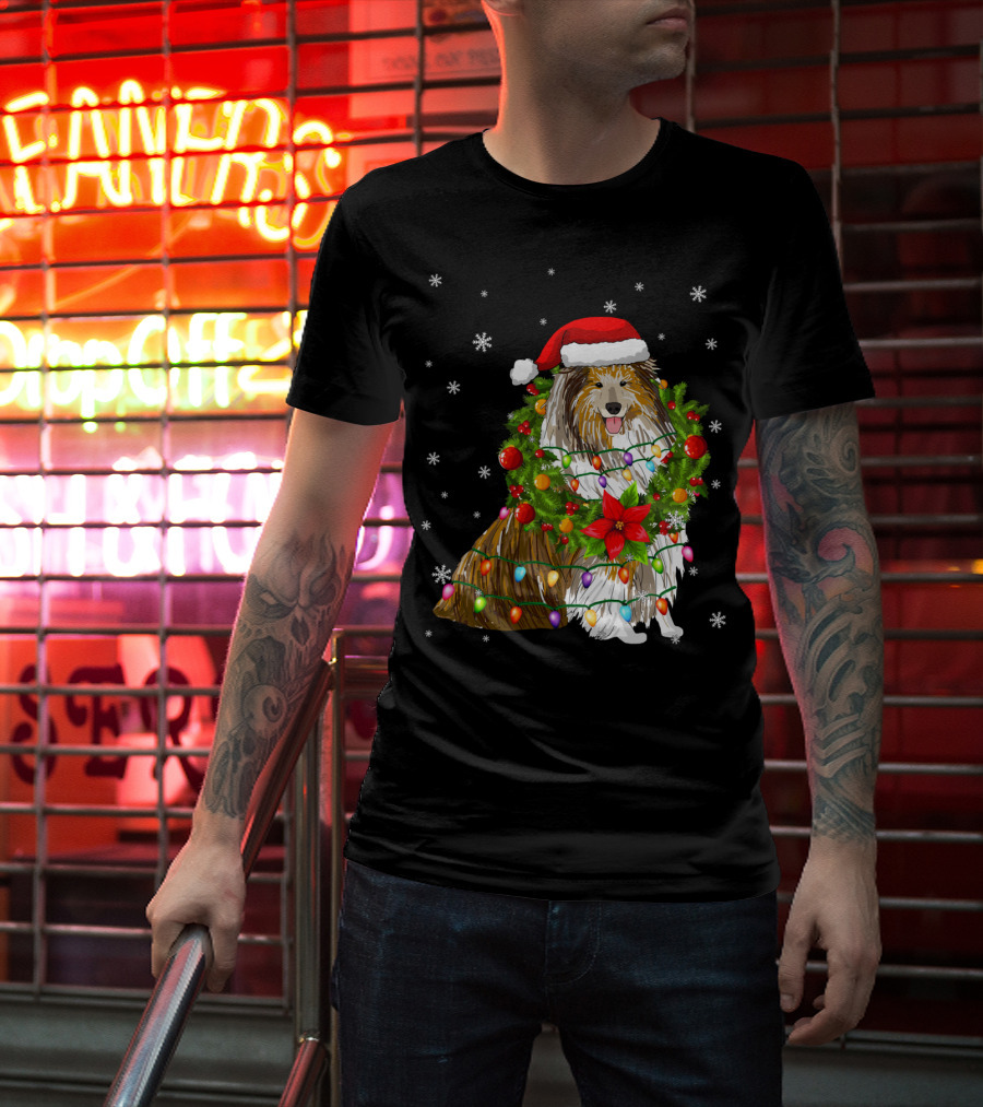 Santa Collie Dog Wrapped In Christmas Lights And Festive Garland T-Shirt