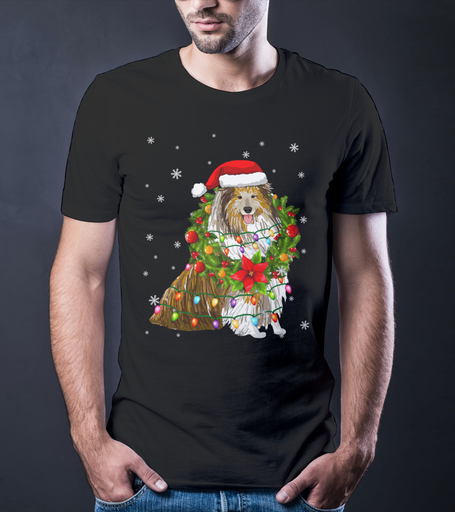 Santa Collie Dog Wrapped In Christmas Lights And Festive Garland T-Shirt