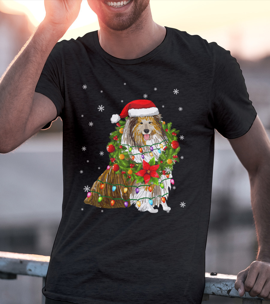 Santa Collie Dog Wrapped In Christmas Lights And Festive Garland T-Shirt