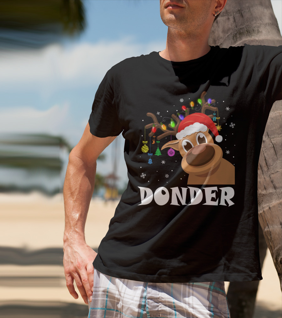 Santa Reindeer Donder Xmas Lights And Ornaments T-Shirt