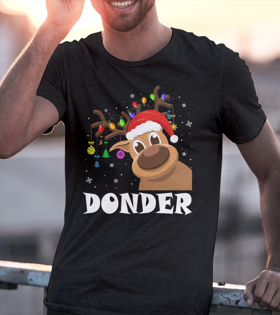 Santa Reindeer Donder Xmas Lights And Ornaments T-Shirt
