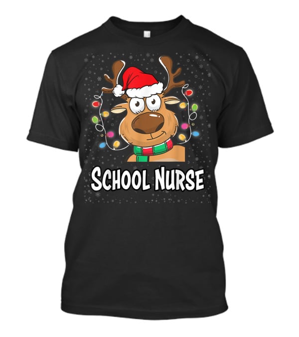 Santa Reindeer School Nurse Festive Christmas Lights T-Shirt
