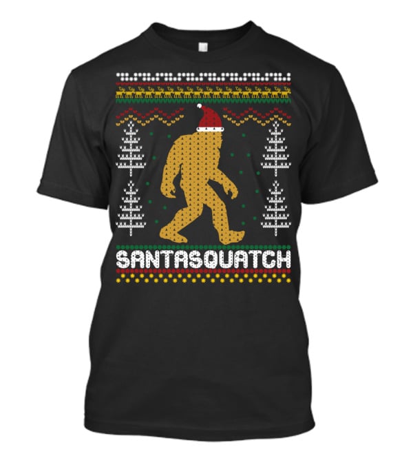 Santasquatch Bigfoot Christmas Sweater Pattern With Santa Hat And Trees T-Shirt