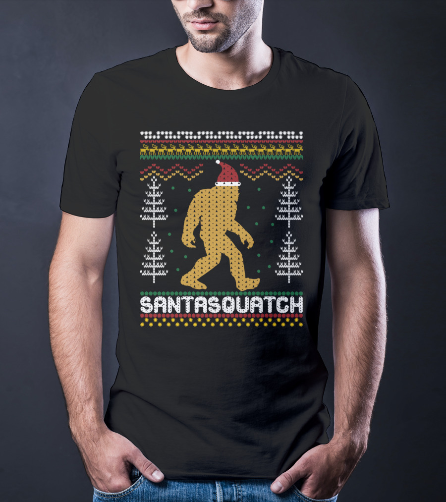 Santasquatch Bigfoot Christmas Sweater Pattern With Santa Hat And Trees T-Shirt