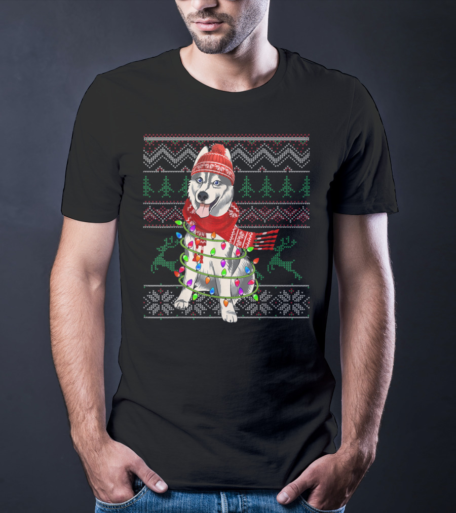 Siberian Husky Christmas Lights Holiday T-Shirt