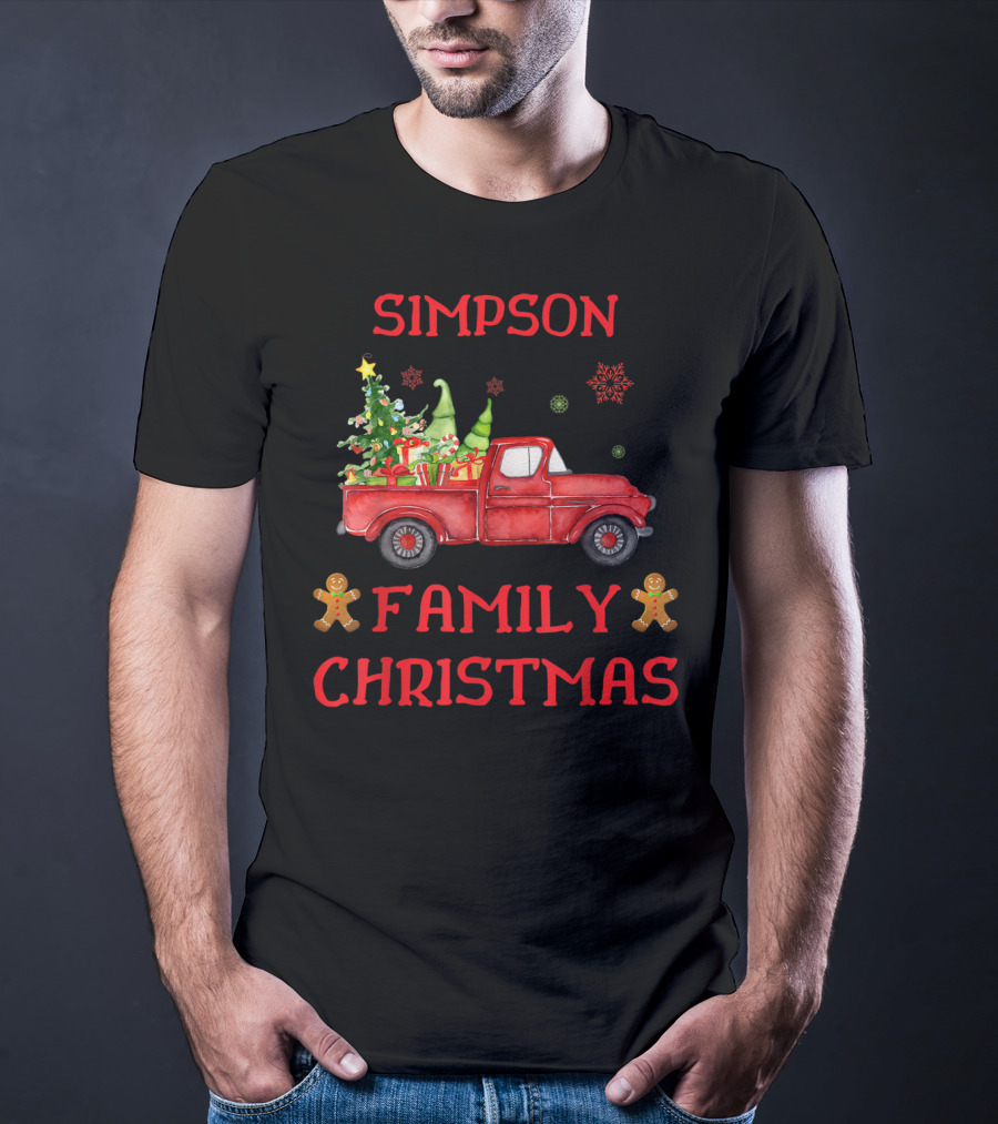 Simpson Family Christmas Old Red Truck With Tree And Gingerbread Men T-Shirt