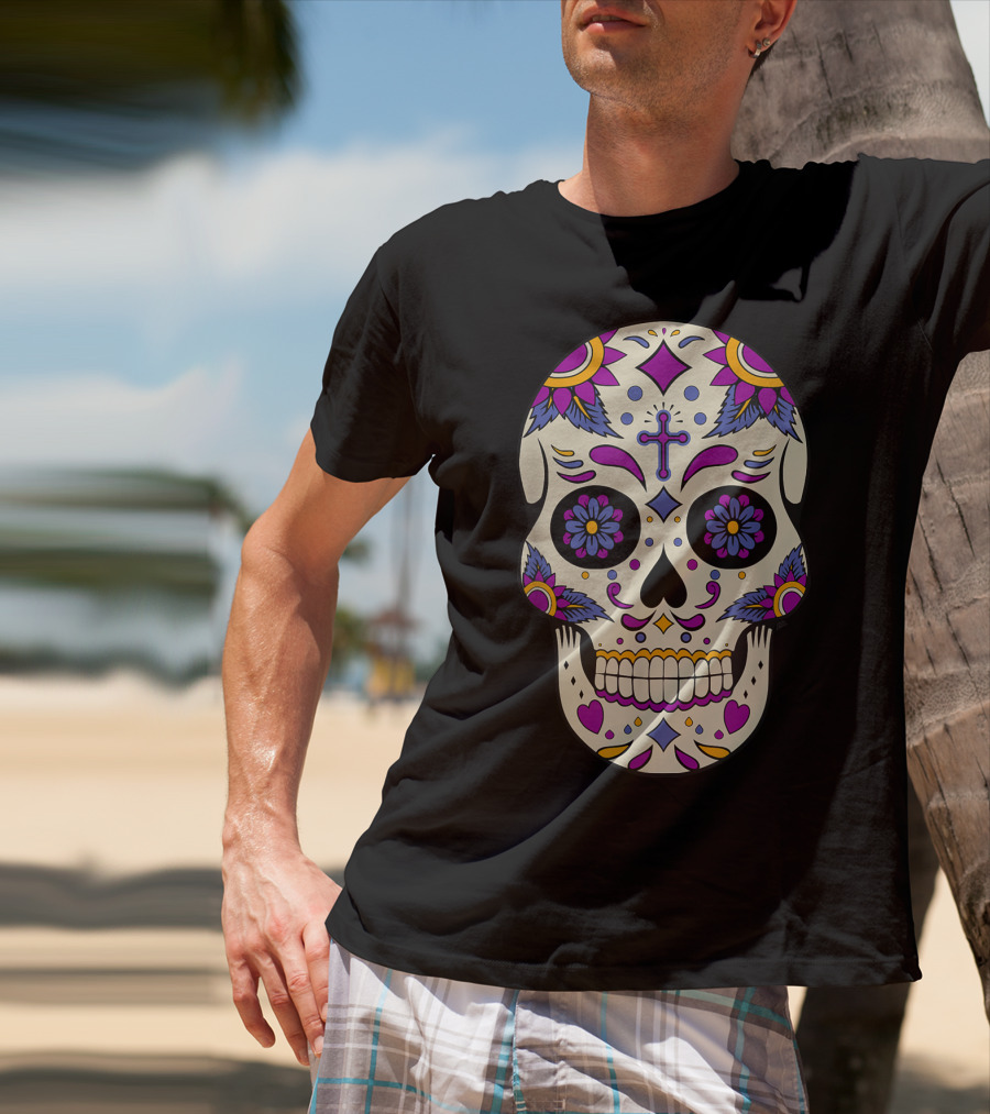 Sugar Skull Day Of The Dead Halloween Dia De Los Muertos Colorful Cross Floral T-Shirt
