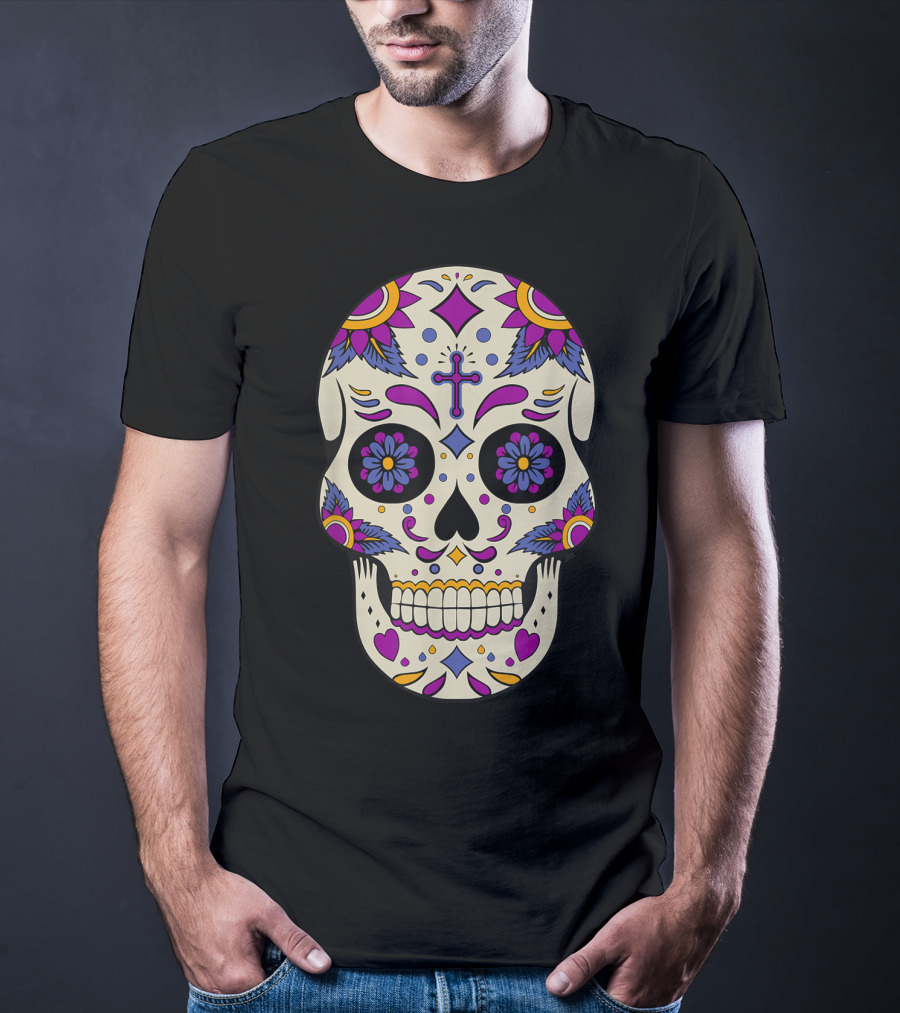 Sugar Skull Day Of The Dead Halloween Dia De Los Muertos Colorful Cross Floral T-Shirt