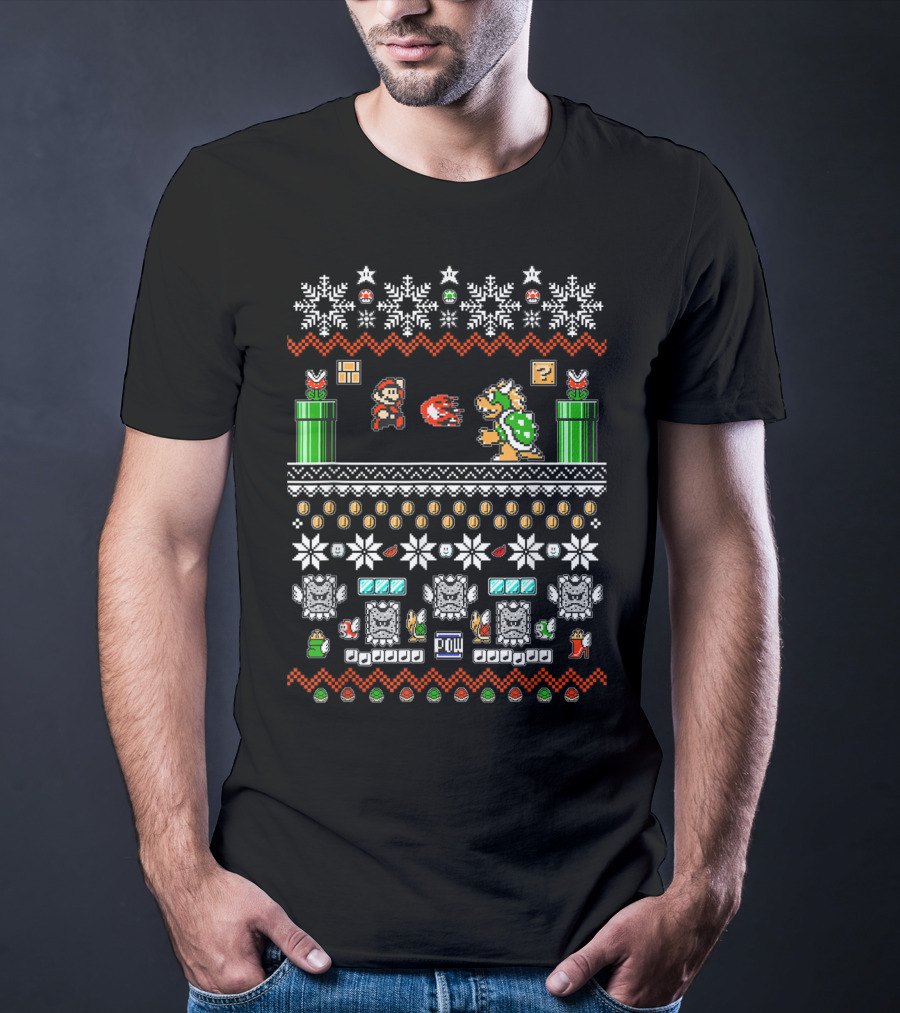 Super Mario And Bowser Pixel Art Holiday Theme With Coin And Mushroom Elements T-Shirt