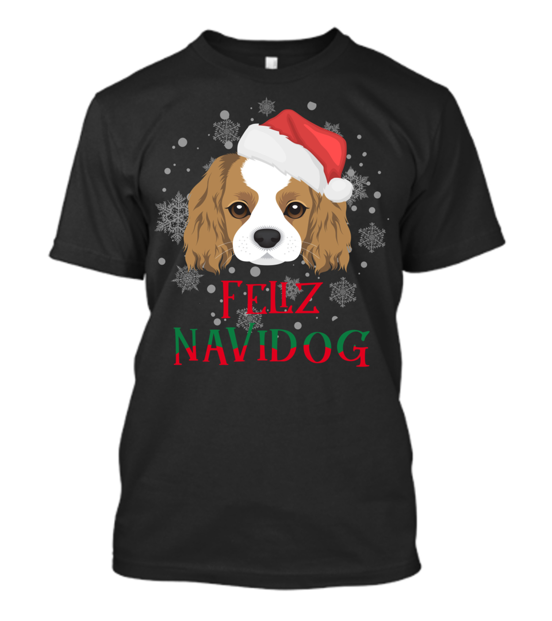 Feliz Navidog Charles Spaniel Santa Hat Snowflakes T-Shirt