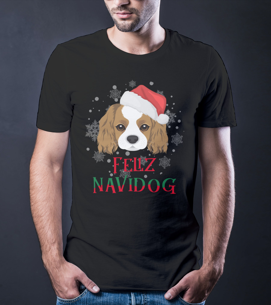 Feliz Navidog Charles Spaniel Santa Hat Snowflakes T-Shirt