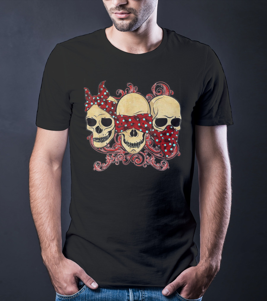 Tattoo Skull See No Evil Hear No Evil Speak No Evil Skulls With Polka Dot Bandanas T-Shirt