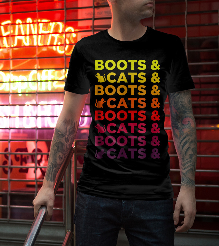 Boots And Cats EDM Rave Festival Funny Repeating Text And Cat T-Shirt