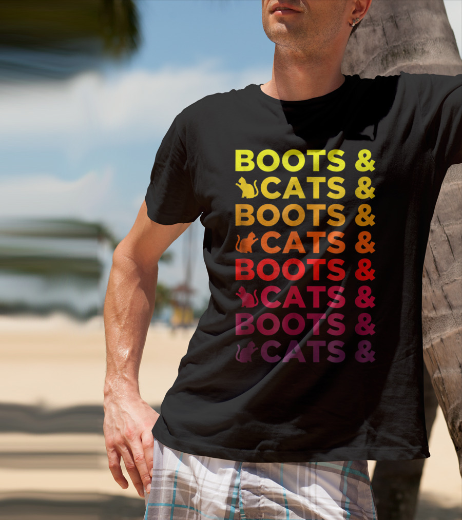 Boots And Cats EDM Rave Festival Funny Repeating Text And Cat T-Shirt