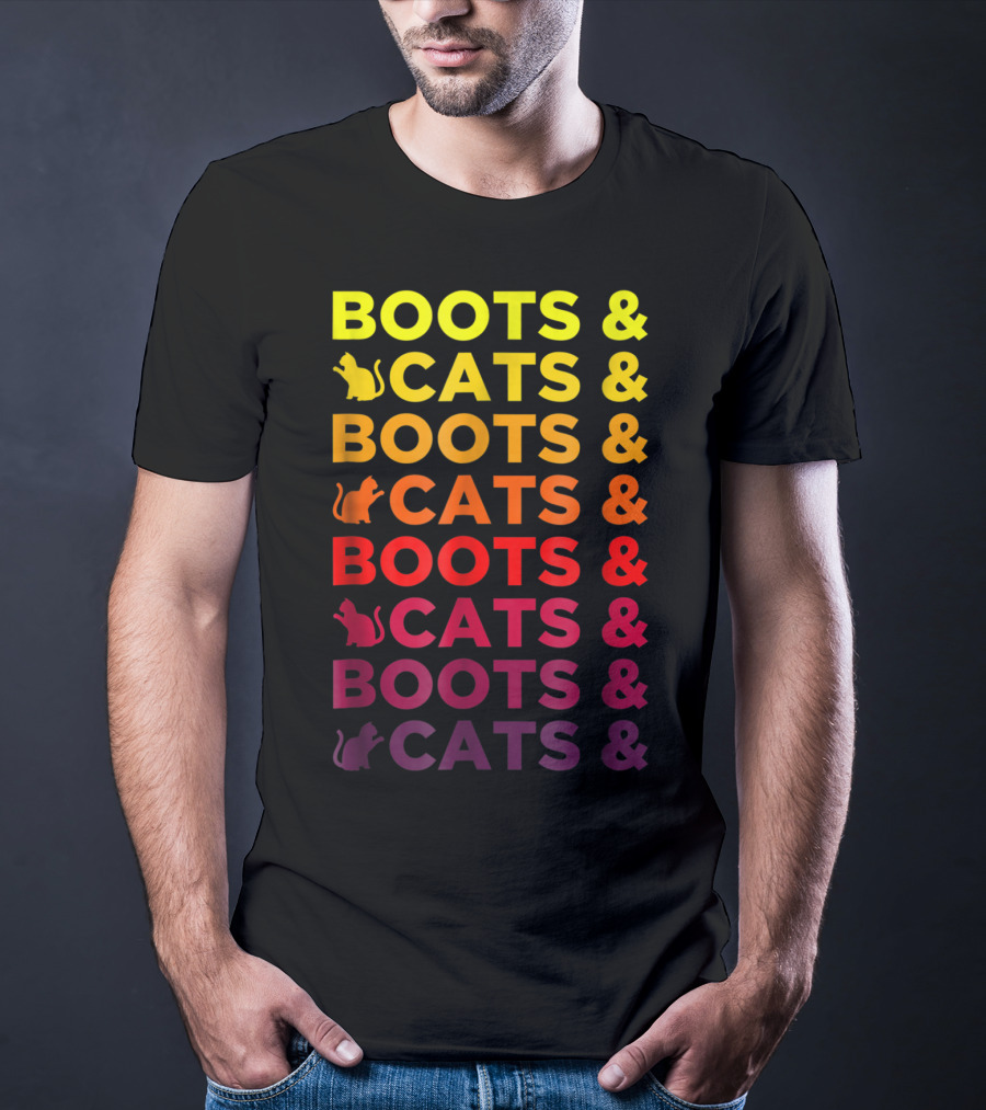 Boots And Cats EDM Rave Festival Funny Repeating Text And Cat T-Shirt