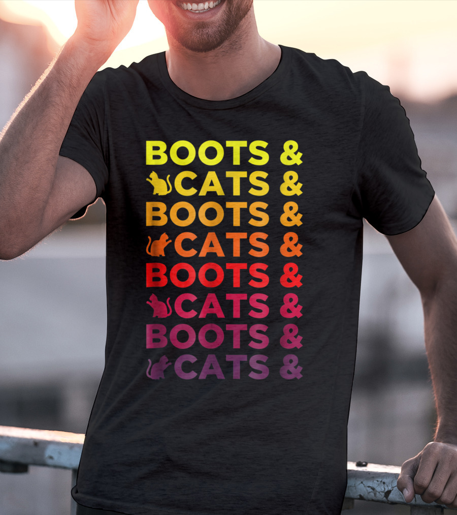 Boots And Cats EDM Rave Festival Funny Repeating Text And Cat T-Shirt