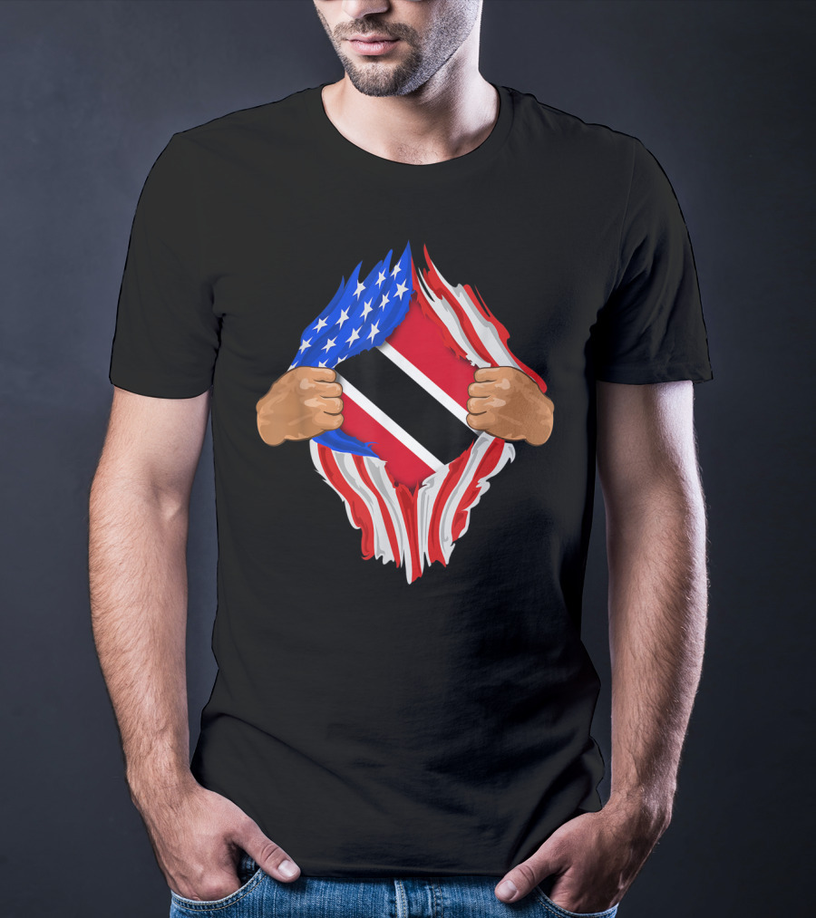 American And Trinidad And Tobago Flag Ripped Open T-Shirt