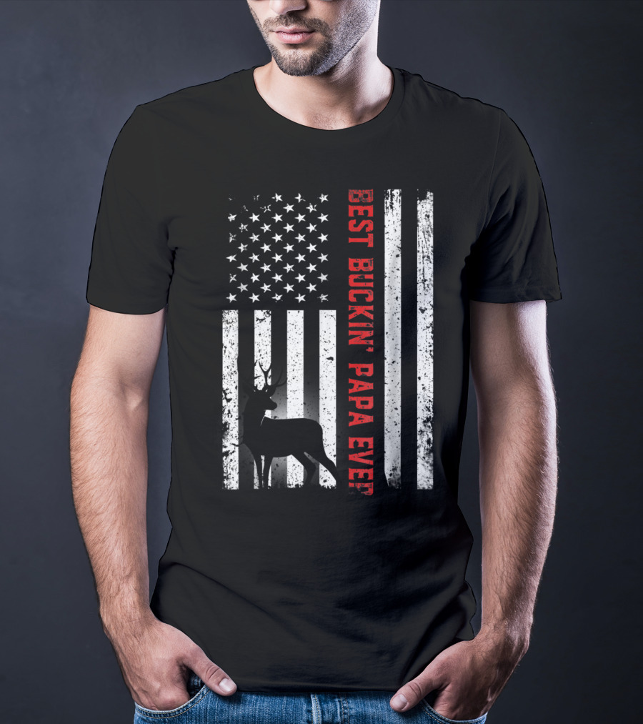 Best Buckin' Papa Ever USA Flag Deer Hunting T-Shirt