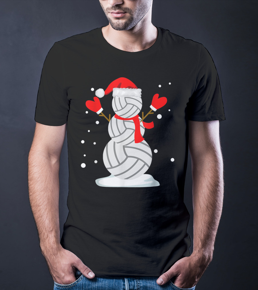 Volleyball Snowman With Santa Hat And Red Mittens T-Shirt