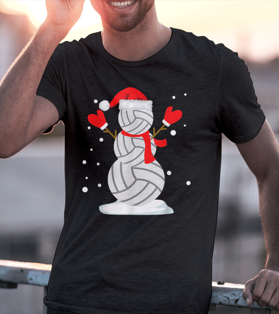 Volleyball Snowman With Santa Hat And Red Mittens T-Shirt