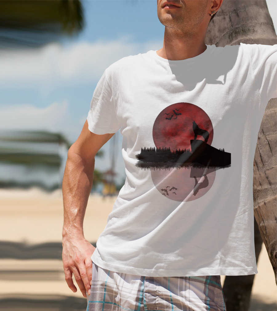 Wolf Howling At Blood Moon With Bats Silhouette And Starry Night Reflection T-Shirt