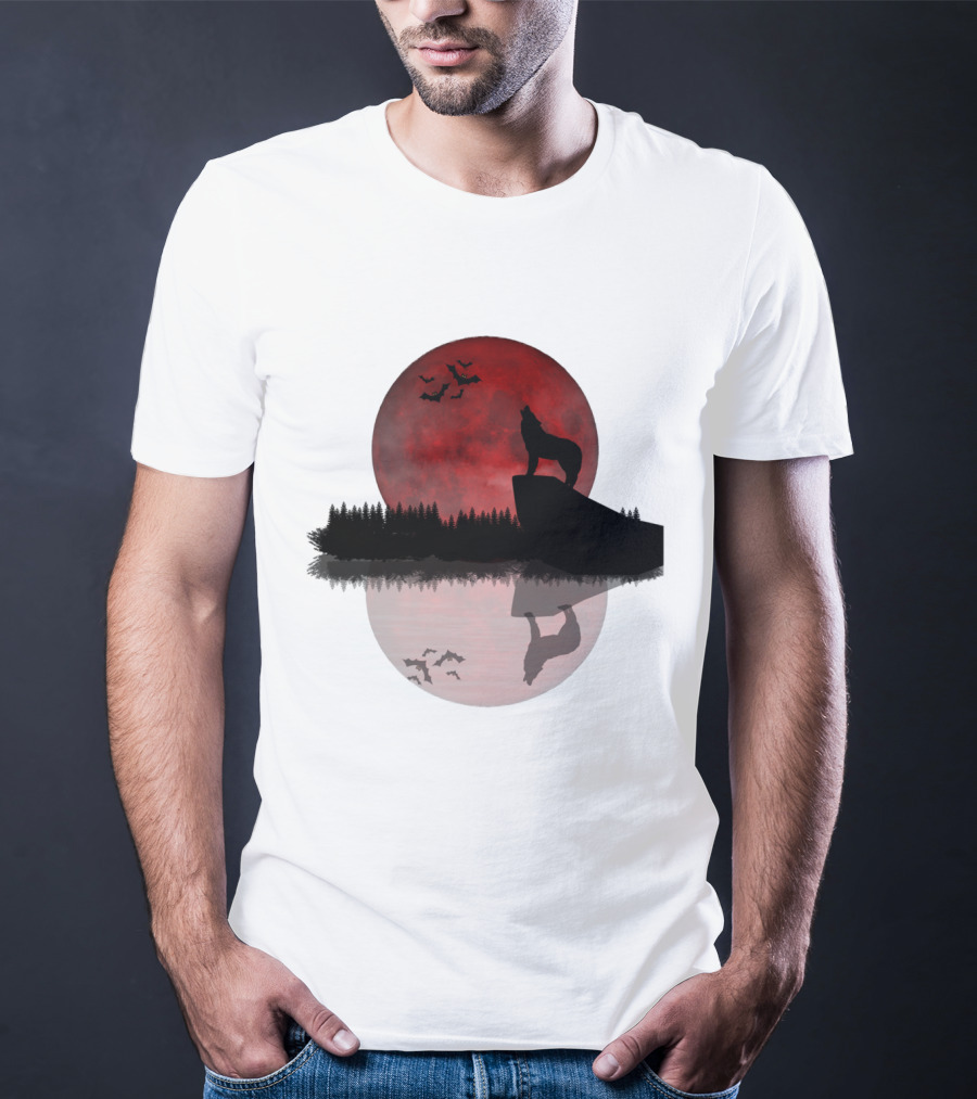 Wolf Howling At Blood Moon With Bats Silhouette And Starry Night Reflection T-Shirt