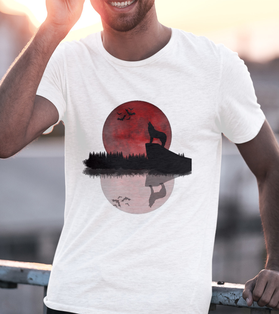 Wolf Howling At Blood Moon With Bats Silhouette And Starry Night Reflection T-Shirt