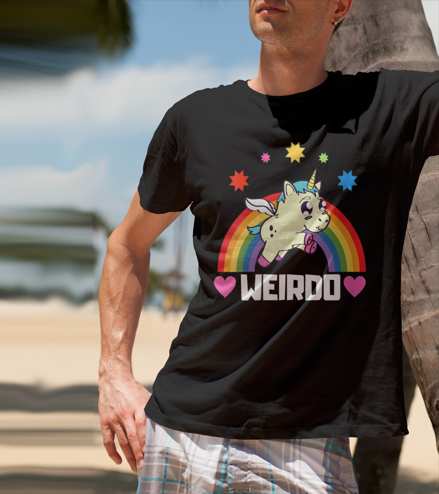 Weird Funny Weirdo Outcast Unicorn Rainbow Hearts Stars T-Shirt