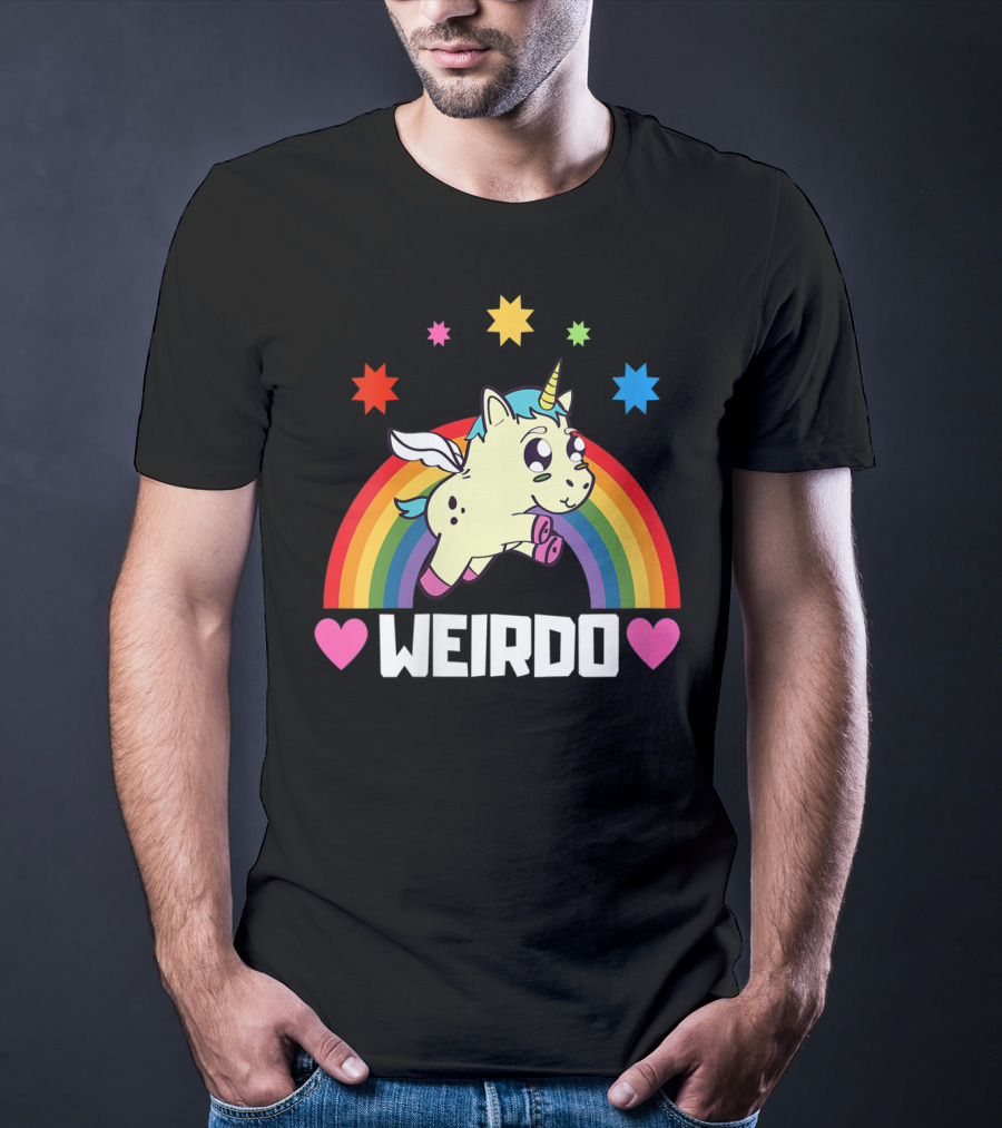 Weird Funny Weirdo Outcast Unicorn Rainbow Hearts Stars T-Shirt