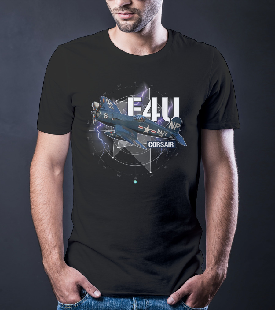 F4U Corsair Navy WWII Plane With Lightning Background T-Shirt