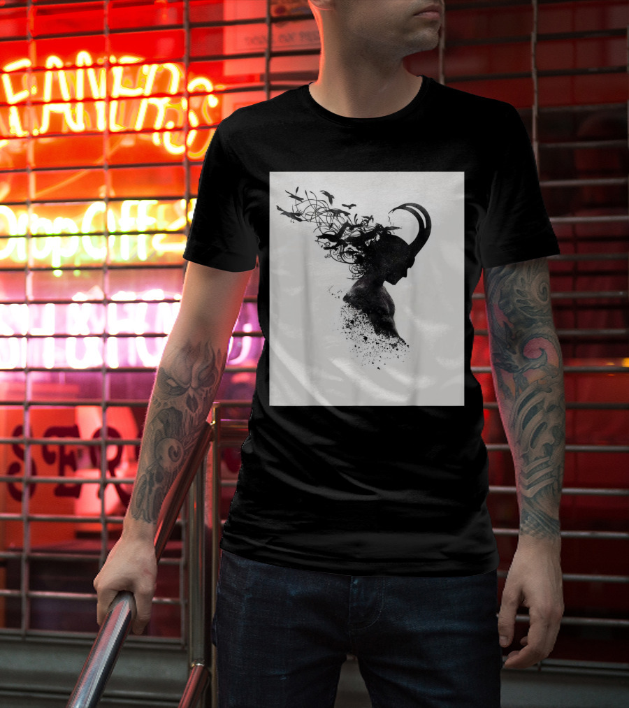 Loki Norse God Of Mischief Silhouette With Birds And Horns T-Shirt