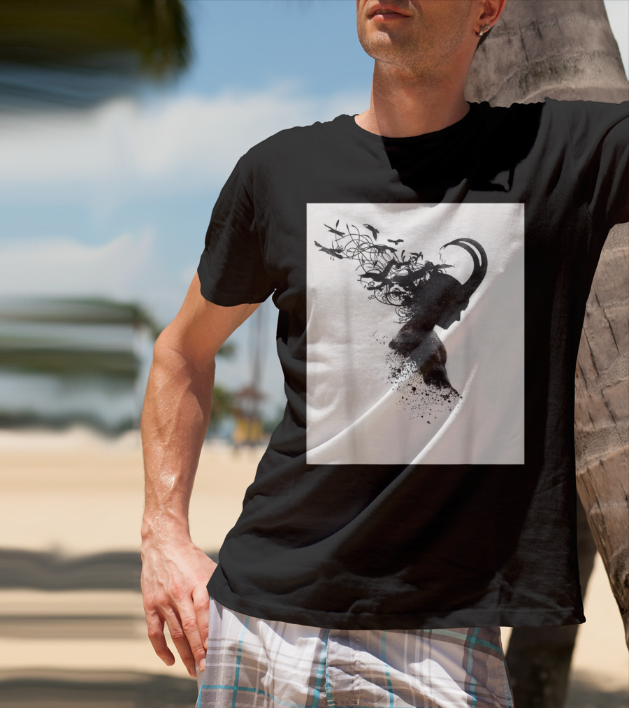 Loki Norse God Of Mischief Silhouette With Birds And Horns T-Shirt