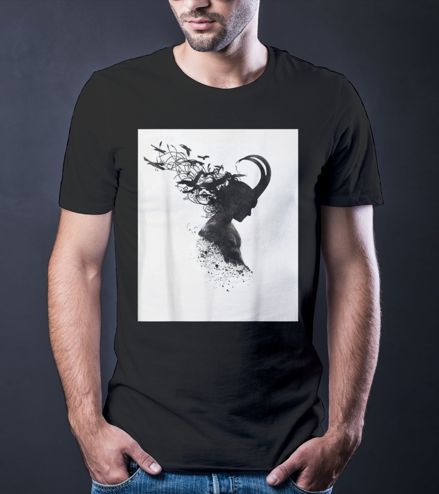 Loki Norse God Of Mischief Silhouette With Birds And Horns T-Shirt