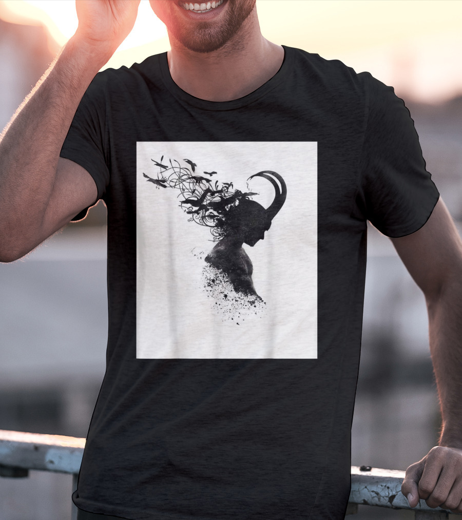 Loki Norse God Of Mischief Silhouette With Birds And Horns T-Shirt