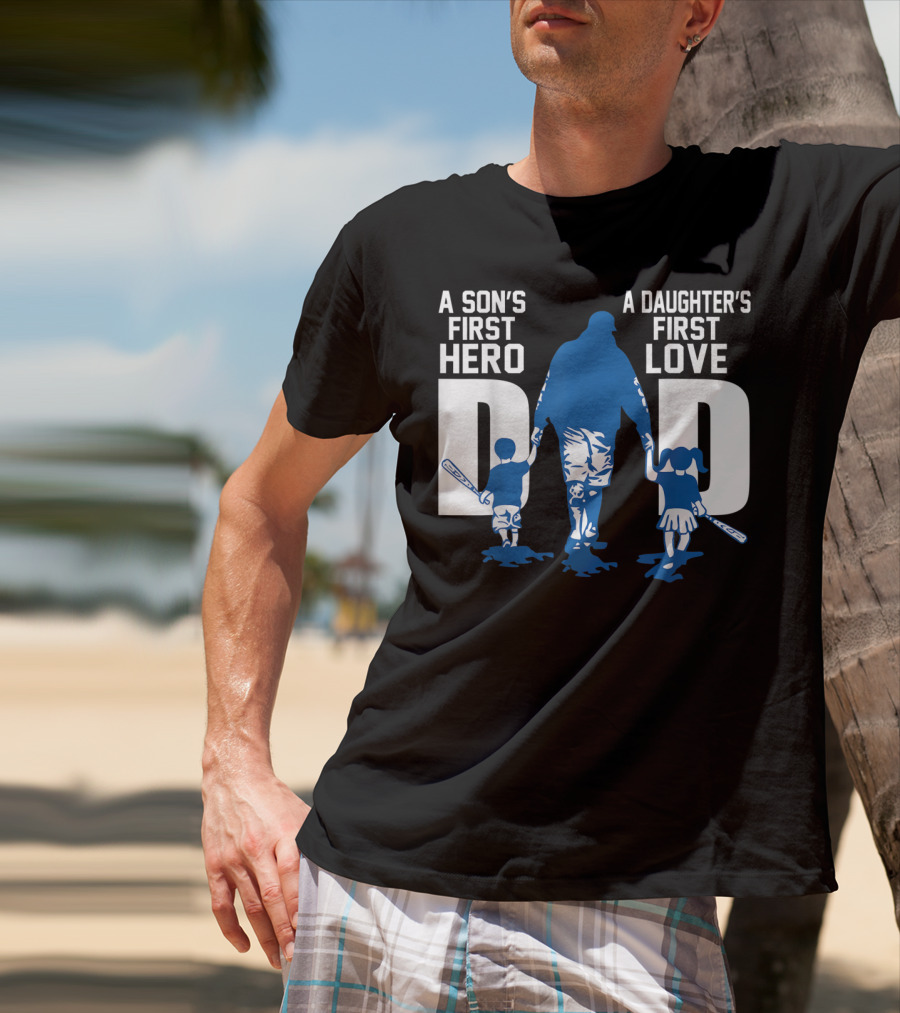 A Son's First Hero A Daughter's First Love Dad Baseball Bat Fatherhood Trio T-Shirt