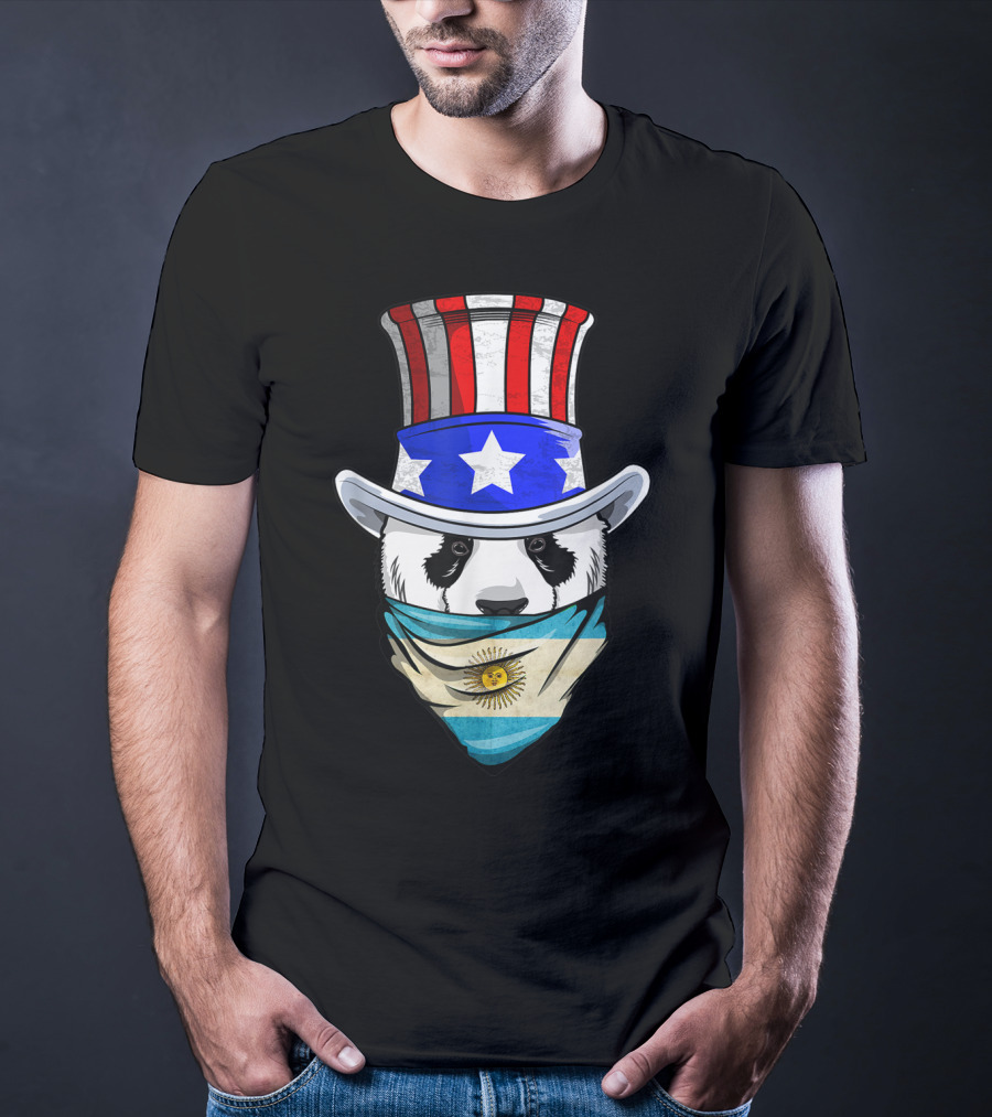Argentinian Panda Bear In Argentina Bandana Flag With Uncle Sam Hat T-Shirt