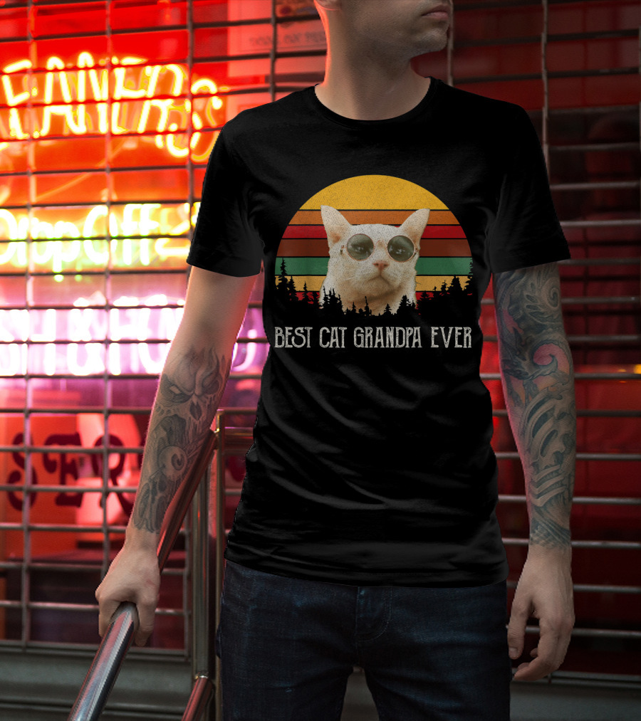Best Cat Grandpa Ever Retro Cat With Sunglasses And Trees Vintage Sunset T-Shirt
